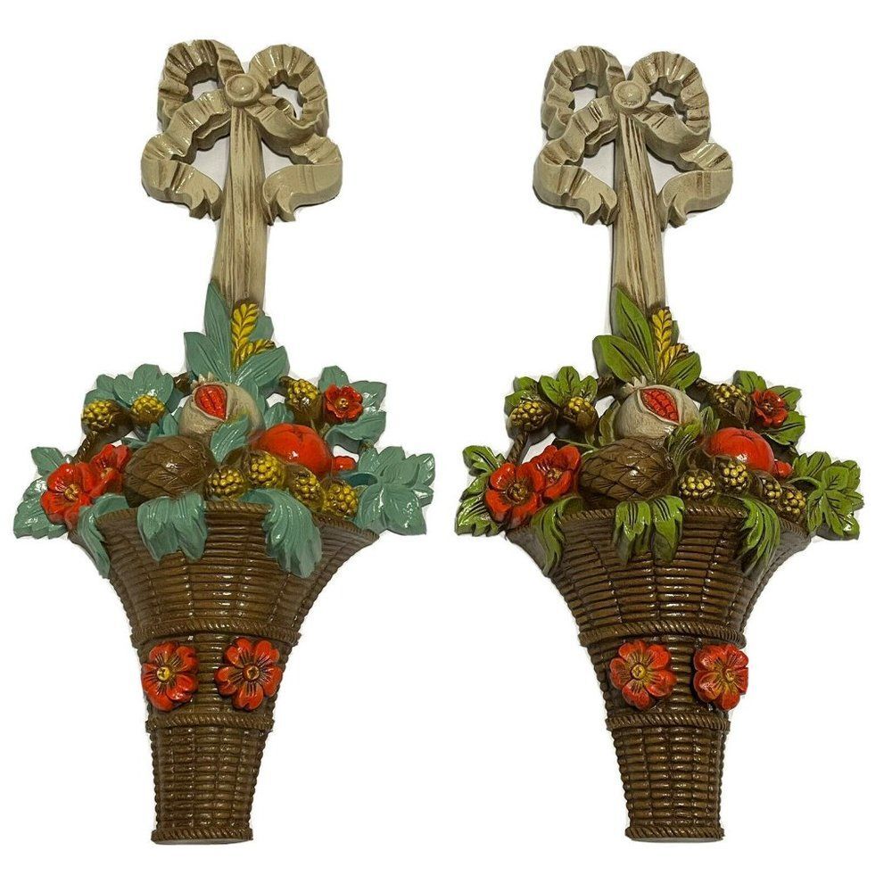 VTG 1969 BURWOOD 4828-2 WALL PLAQUES BASKETS FRUIT FLOWERS LEAVES Resin READ MCM